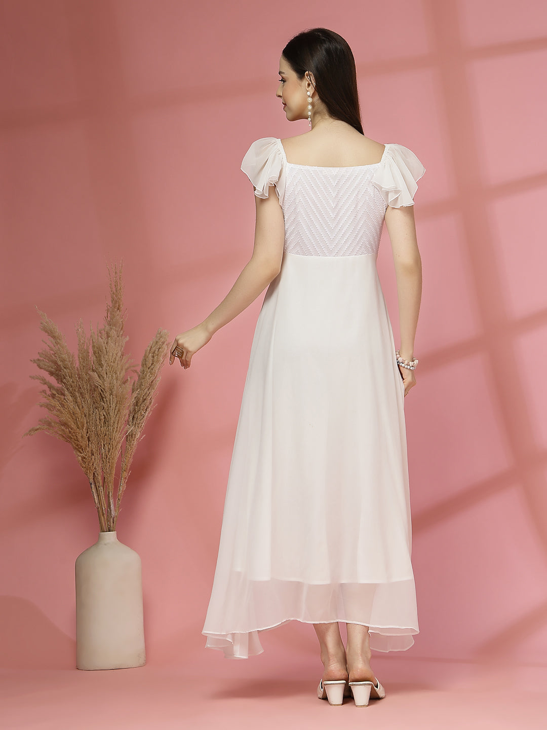 Georgette & Jhik-Jhak Long Dress with Sweetheart Neck