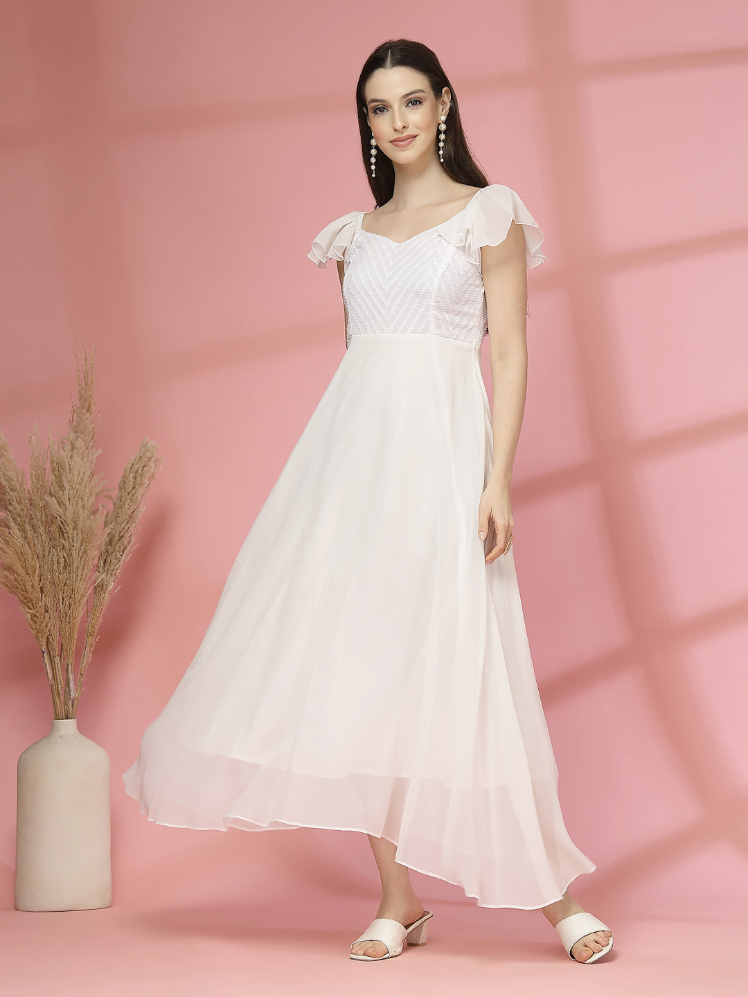 Georgette & Jhik-Jhak Long Dress with Sweetheart Neck