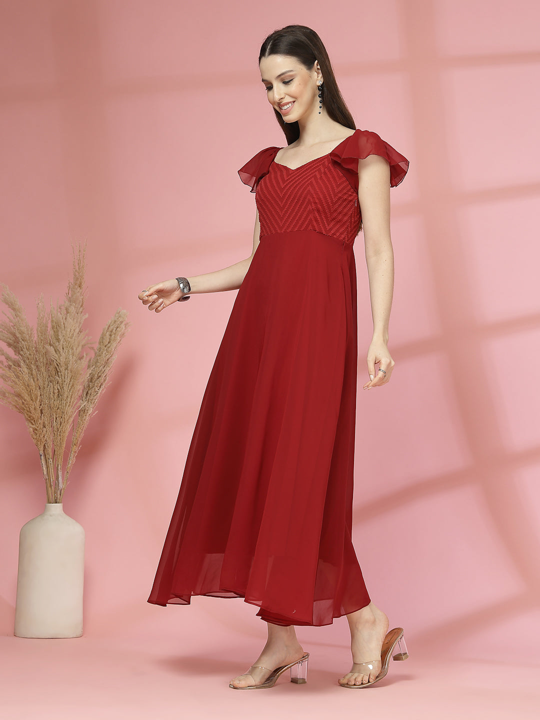 Georgette & Jhik-Jhak Long Dress with Sweetheart Neck
