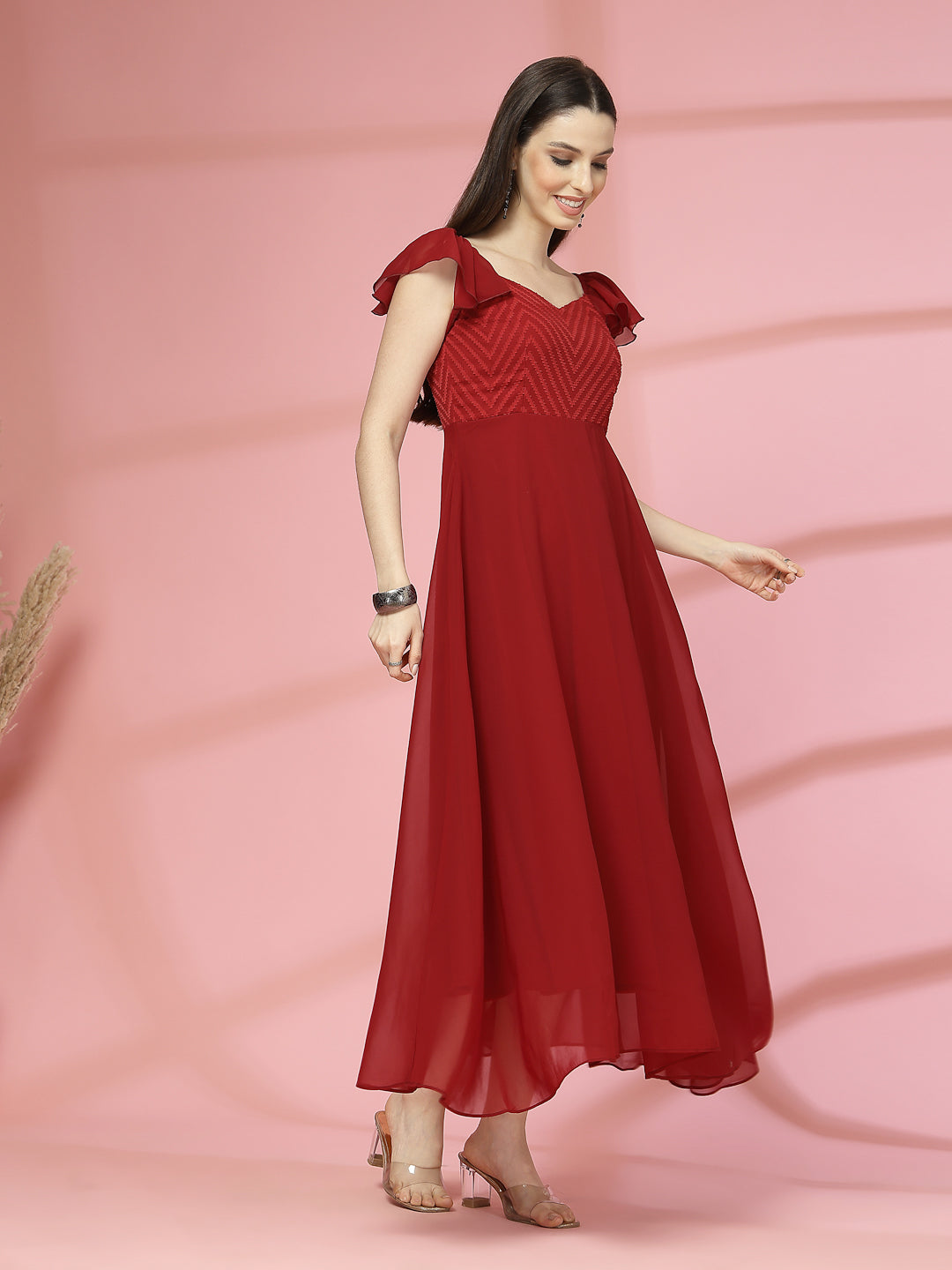 Georgette & Jhik-Jhak Long Dress with Sweetheart Neck