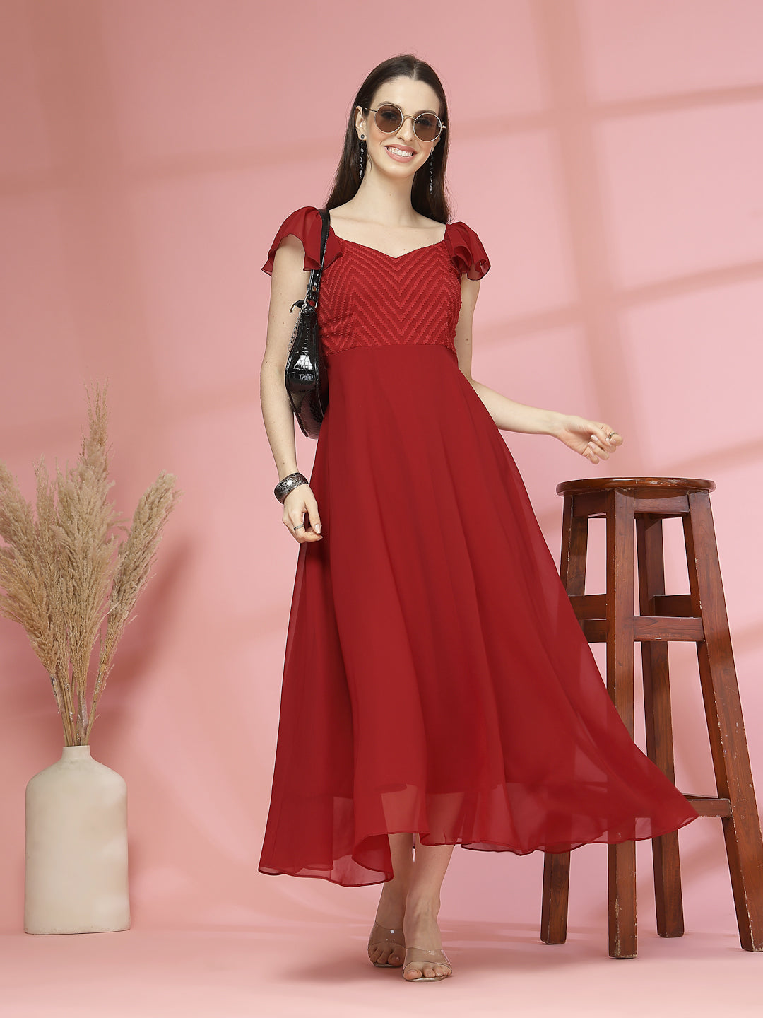 Georgette & Jhik-Jhak Long Dress with Sweetheart Neck