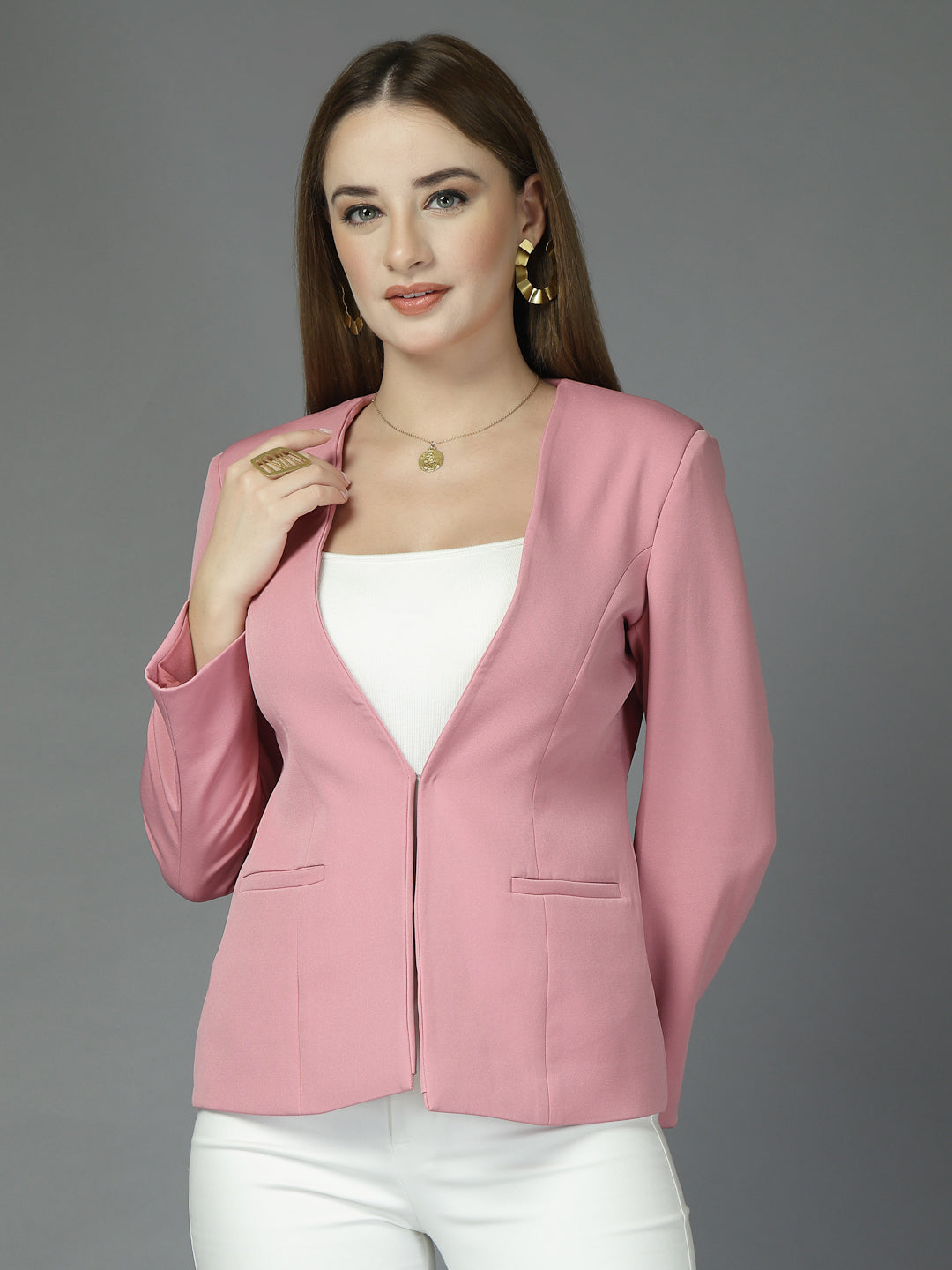 Women Solid Single-Breasted Shawl Collar Formal Blazer