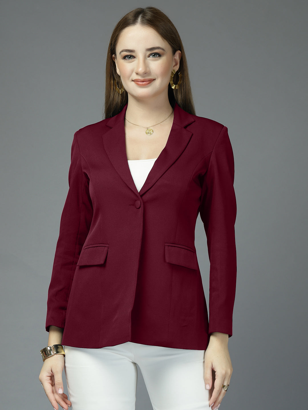 Women Solid Tailored-Fit Single-Breasted notched lapel Collar Formal Blazer