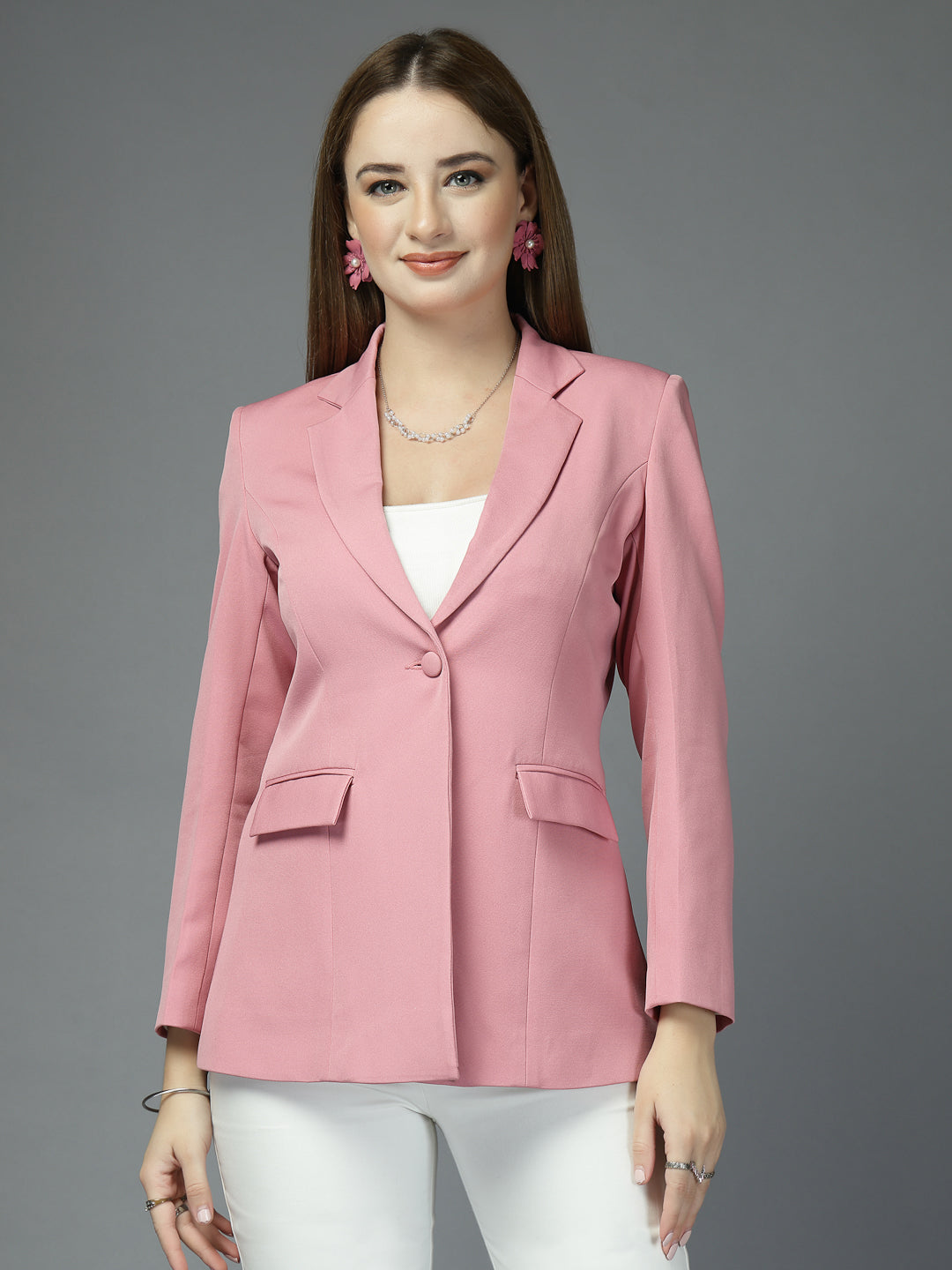 Women Solid Tailored-Fit Single-Breasted notched lapel Collar Formal Blazer