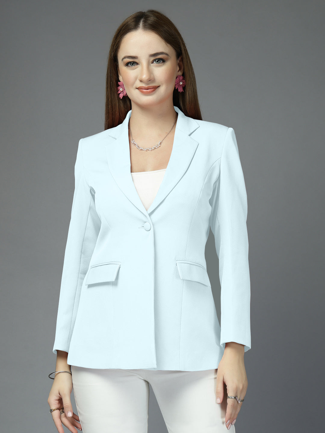 Women Solid Tailored-Fit Single-Breasted notched lapel Collar Formal Blazer