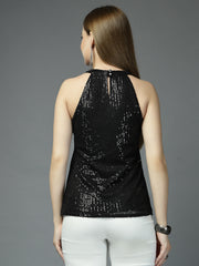 Women Solid Color Embellished Round Neck Party Wear Top