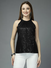Women Solid Color Embellished Round Neck Party Wear Top