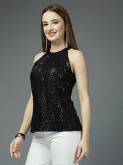 Women Solid Color Embellished Round Neck Party Wear Top