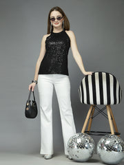 Women Solid Color Embellished Round Neck Party Wear Top