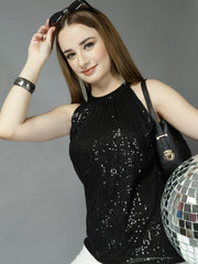 Women Solid Color Embellished Round Neck Party Wear Top