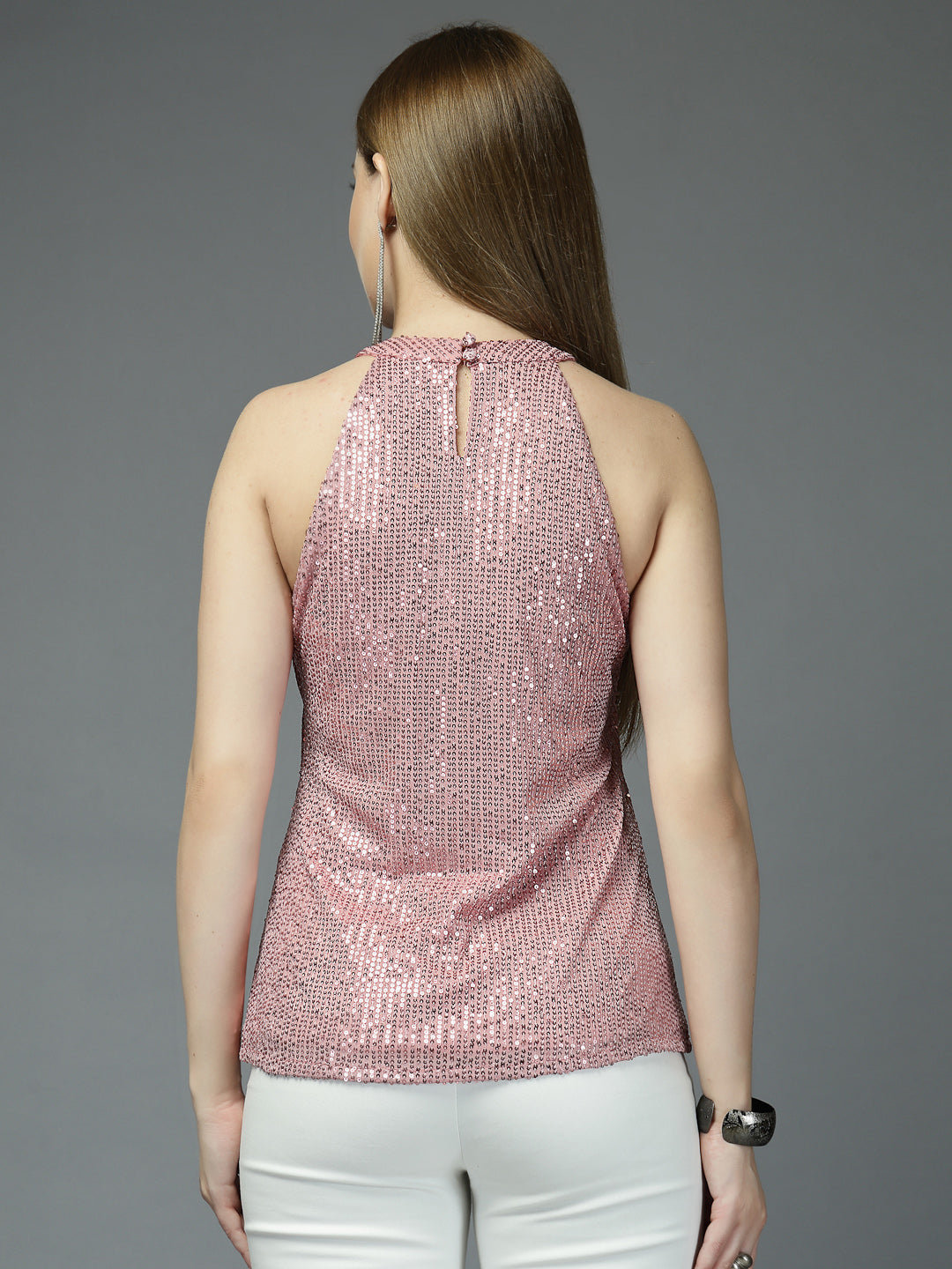 Women Solid Color Embellished Round Neck Party Wear Top