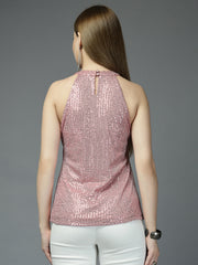 Women Solid Color Embellished Round Neck Party Wear Top