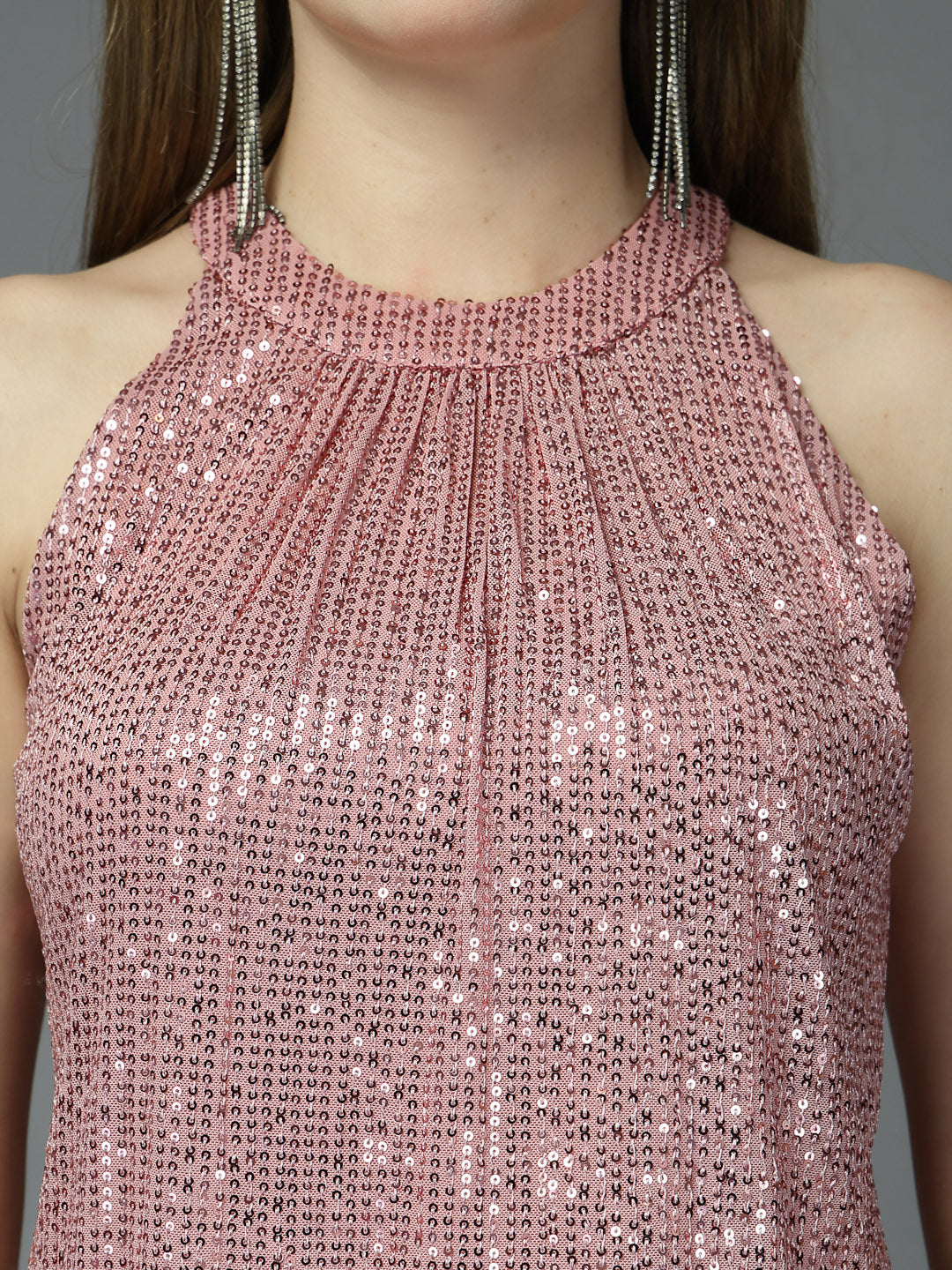 Women Solid Color Embellished Round Neck Party Wear Top