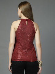 Women Solid Color Embellished Round Neck Party Wear Top