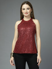 Women Solid Color Embellished Round Neck Party Wear Top