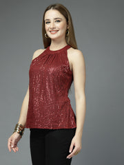 Women Solid Color Embellished Round Neck Party Wear Top