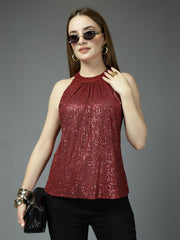Women Solid Color Embellished Round Neck Party Wear Top