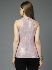 Women Solid Color Embellished Round Neck Party Wear Top