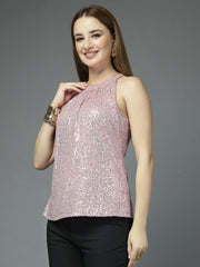 Women Solid Color Embellished Round Neck Party Wear Top