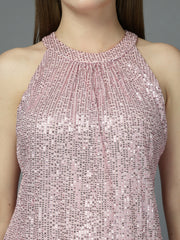 Women Solid Color Embellished Round Neck Party Wear Top