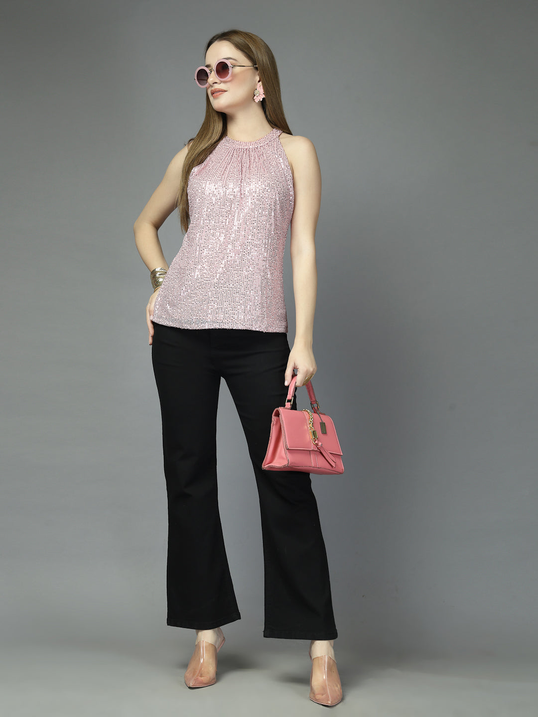 Women Solid Color Embellished Round Neck Party Wear Top