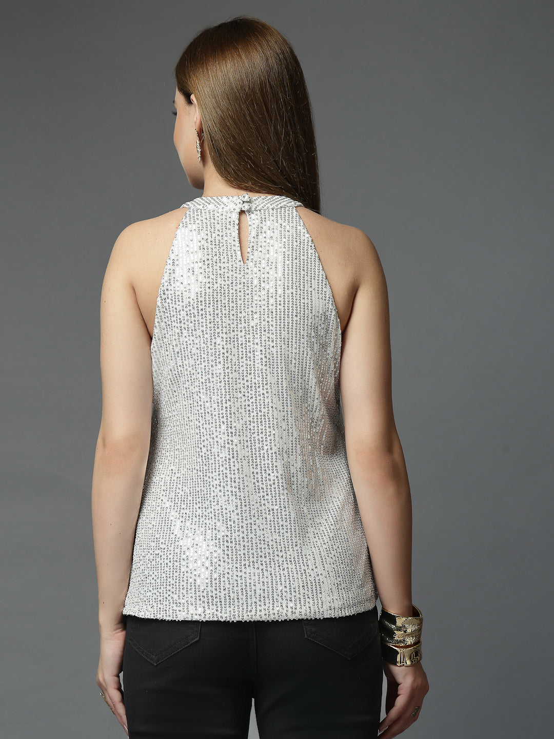 Women Solid Color Embellished Round Neck Party Wear Top