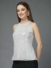 Women Solid Color Embellished Round Neck Party Wear Top