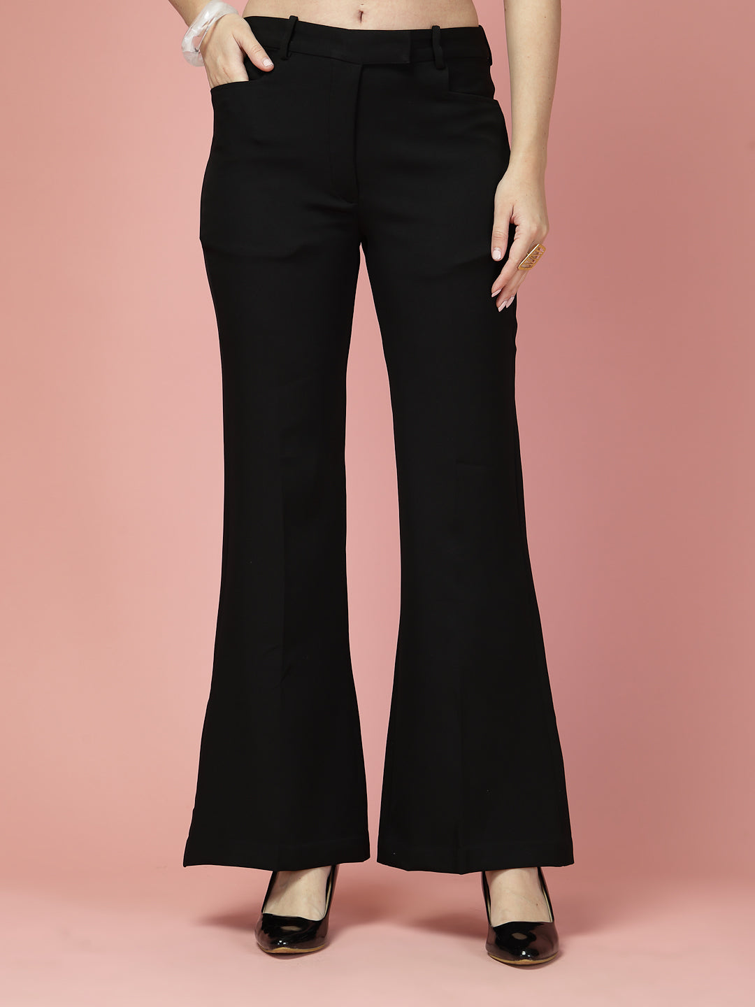 Women Solid Long Party Wear Pant High-Rise, Stretchable Pant