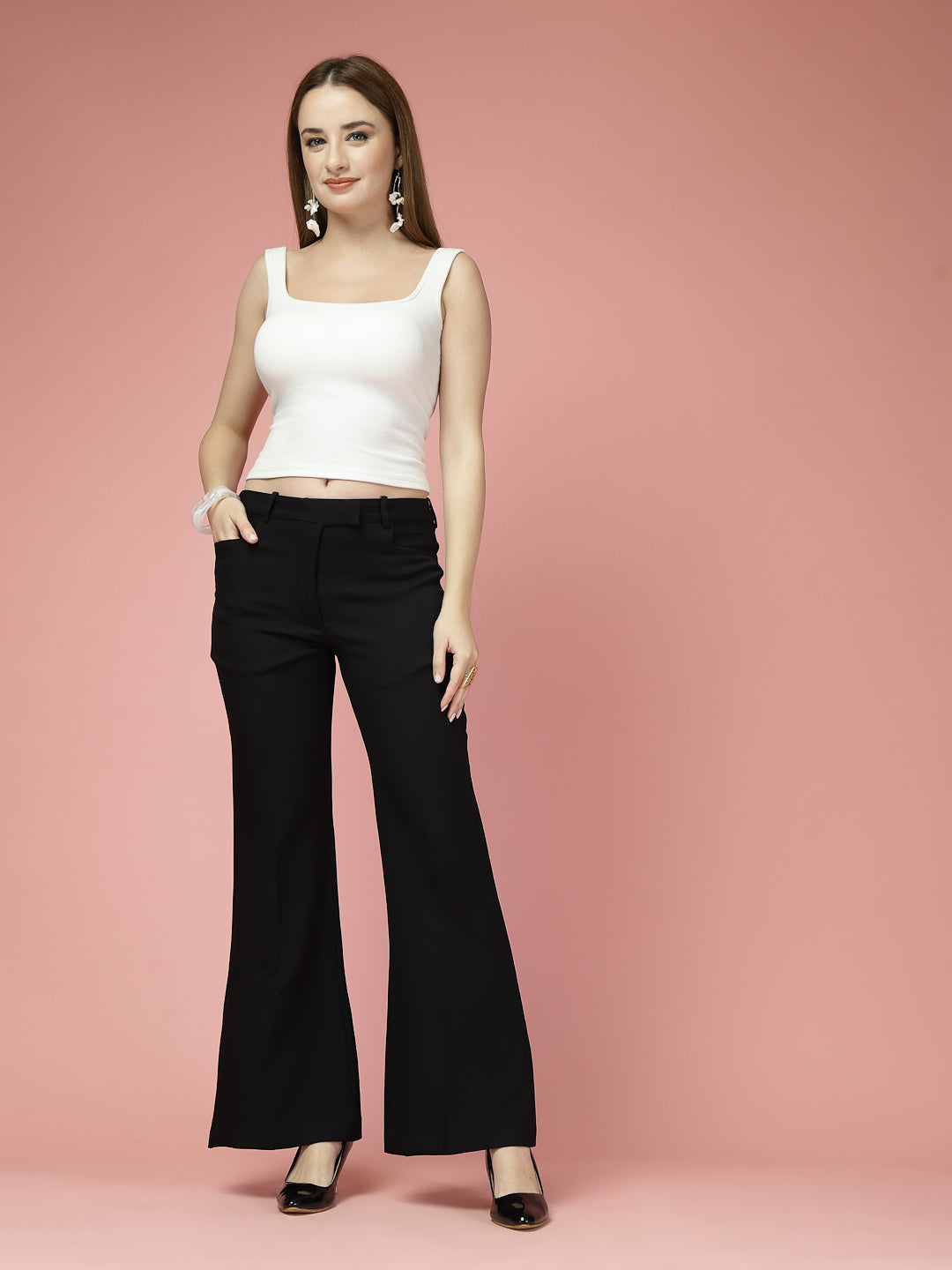 Women Solid Long Party Wear Pant High-Rise, Stretchable Pant