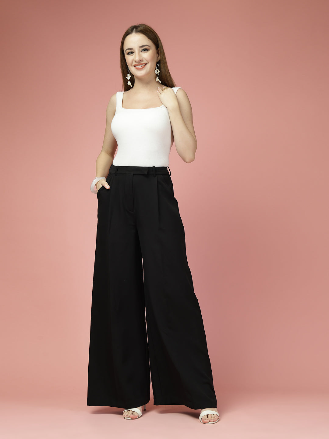 Women Solid Long Party Wear Pant High-Rise, Loose Fit Pant
