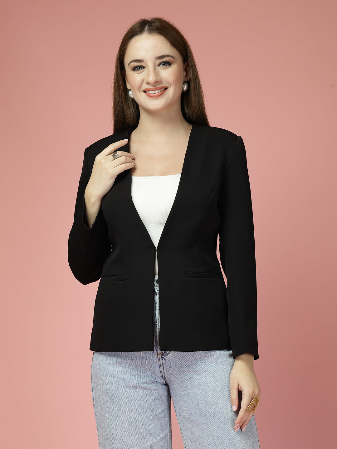 Women Solid Single-Breasted Shawl Collar Formal Blazer