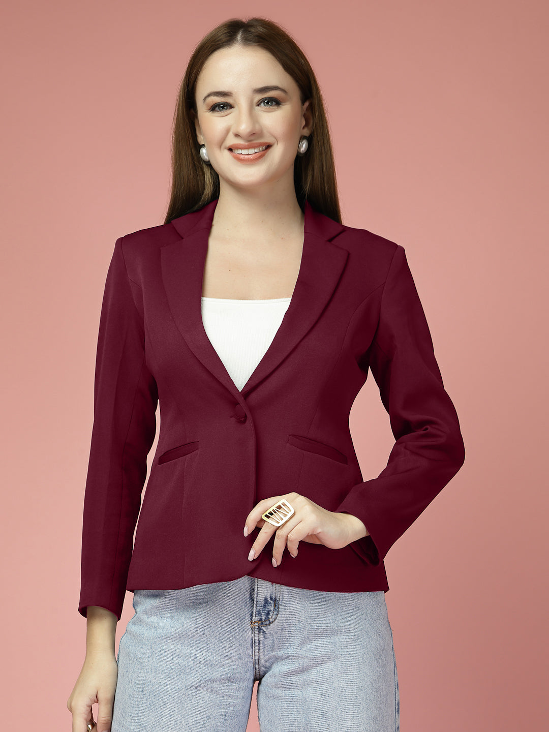 Women Solid Single-Breasted notched lapel Collar Formal Blazer