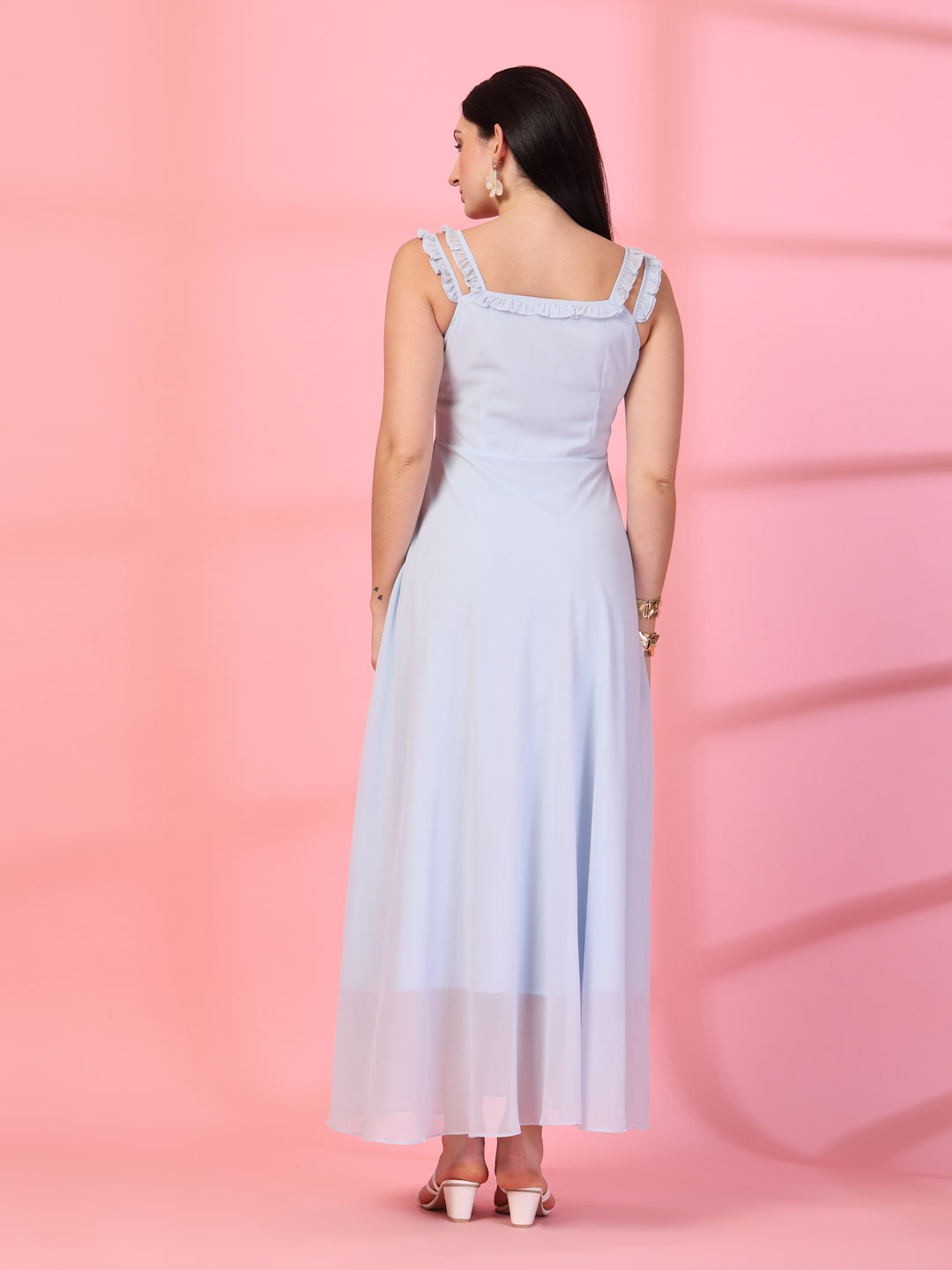 Solid Georgette Long Dress, Neck Frill Sleeveless