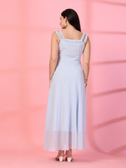 Solid Georgette Long Dress, Neck Frill Sleeveless