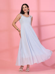 Solid Georgette Long Dress, Neck Frill Sleeveless