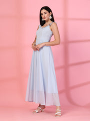 Solid Georgette Long Dress, Neck Frill Sleeveless