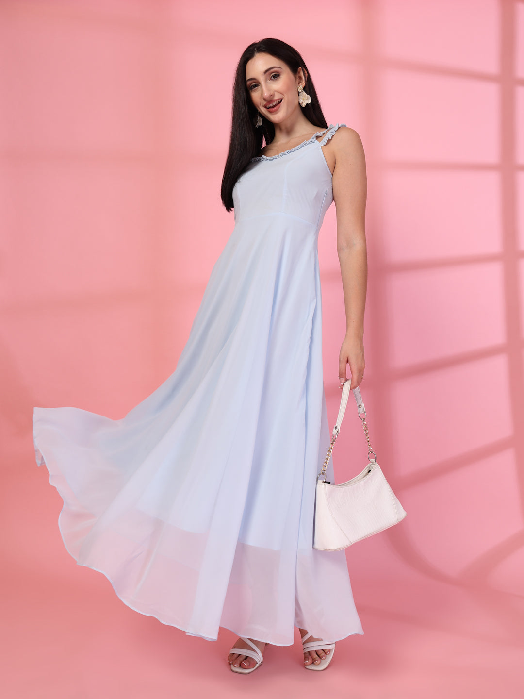 Solid Georgette Long Dress, Neck Frill Sleeveless