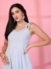 Solid Georgette Long Dress, Neck Frill Sleeveless