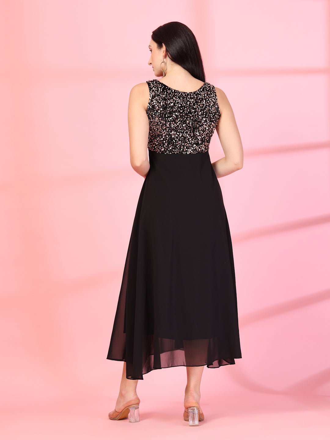 Gold-Black Embellished Georgette Long Dress, Round Neck Sleeveless