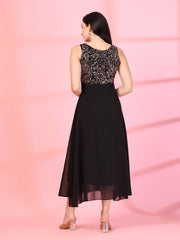 Gold-Black Embellished Georgette Long Dress, Round Neck Sleeveless