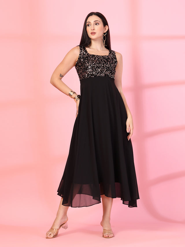 Gold-Black Embellished Georgette Long Dress, Round Neck Sleeveless