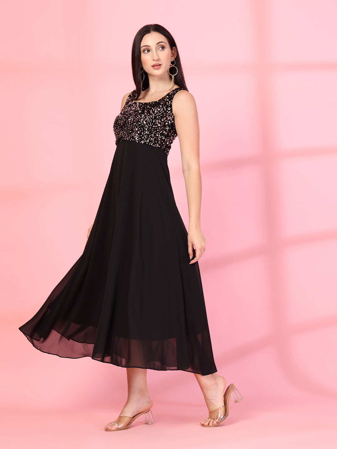Gold-Black Embellished Georgette Long Dress, Round Neck Sleeveless