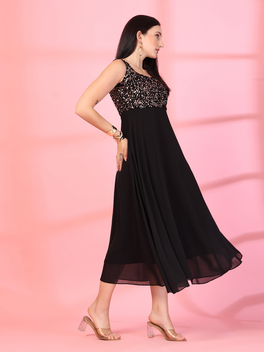 Gold-Black Embellished Georgette Long Dress, Round Neck Sleeveless