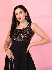 Gold-Black Embellished Georgette Long Dress, Round Neck Sleeveless