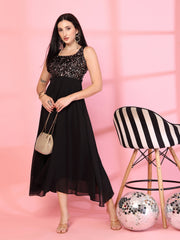 Gold-Black Embellished Georgette Long Dress, Round Neck Sleeveless