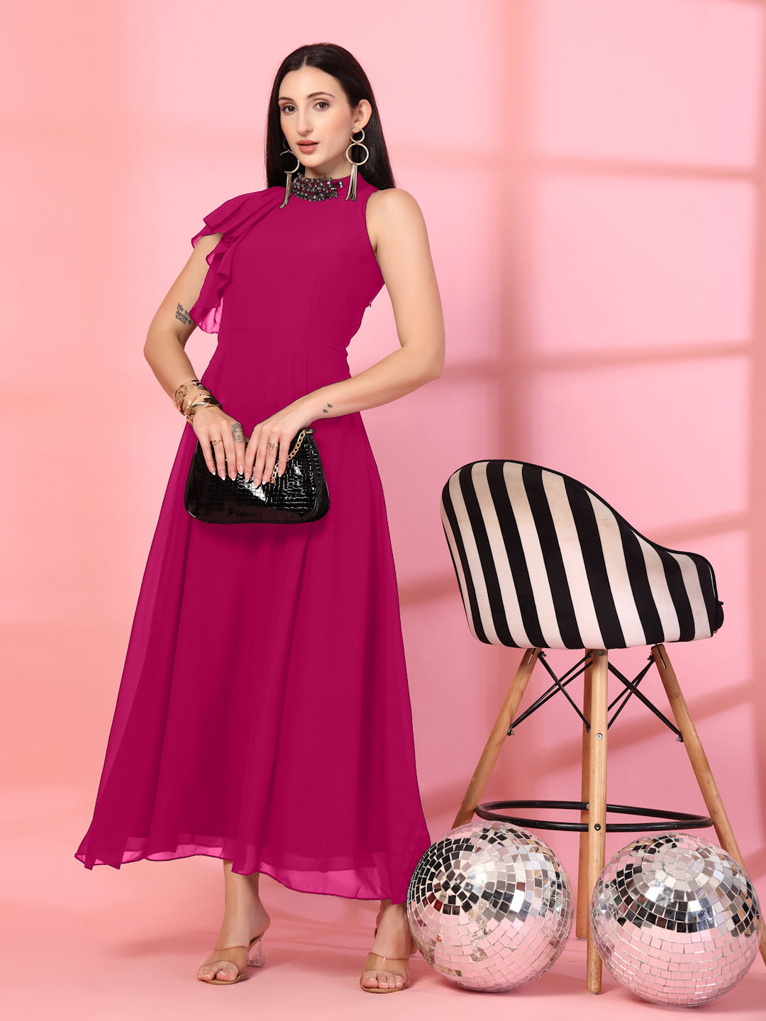 Solid Georgette Embellished Georgette Long Dress, Round Neck Sleeveless