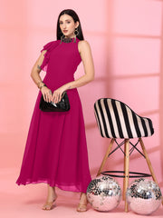 Solid Georgette Embellished Georgette Long Dress, Round Neck Sleeveless