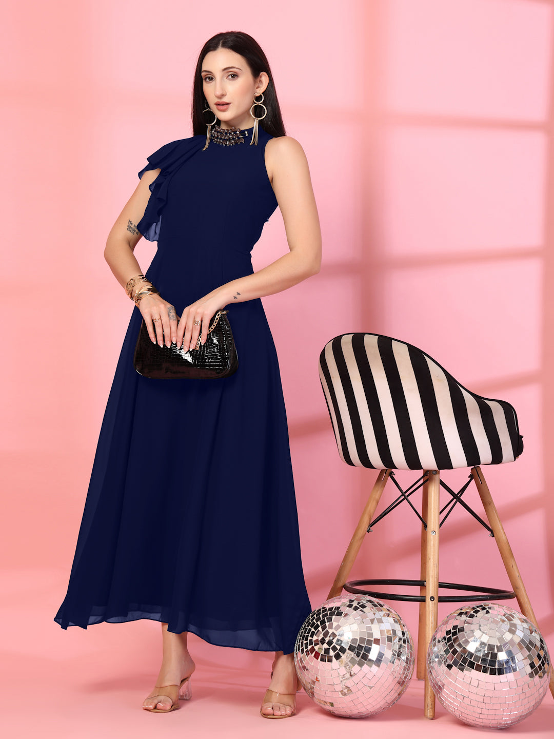 Solid Georgette Embellished Georgette Long Dress, Round Neck Sleeveless