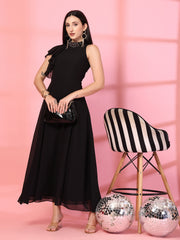 Solid Georgette Embellished Georgette Long Dress, Round Neck Sleeveless