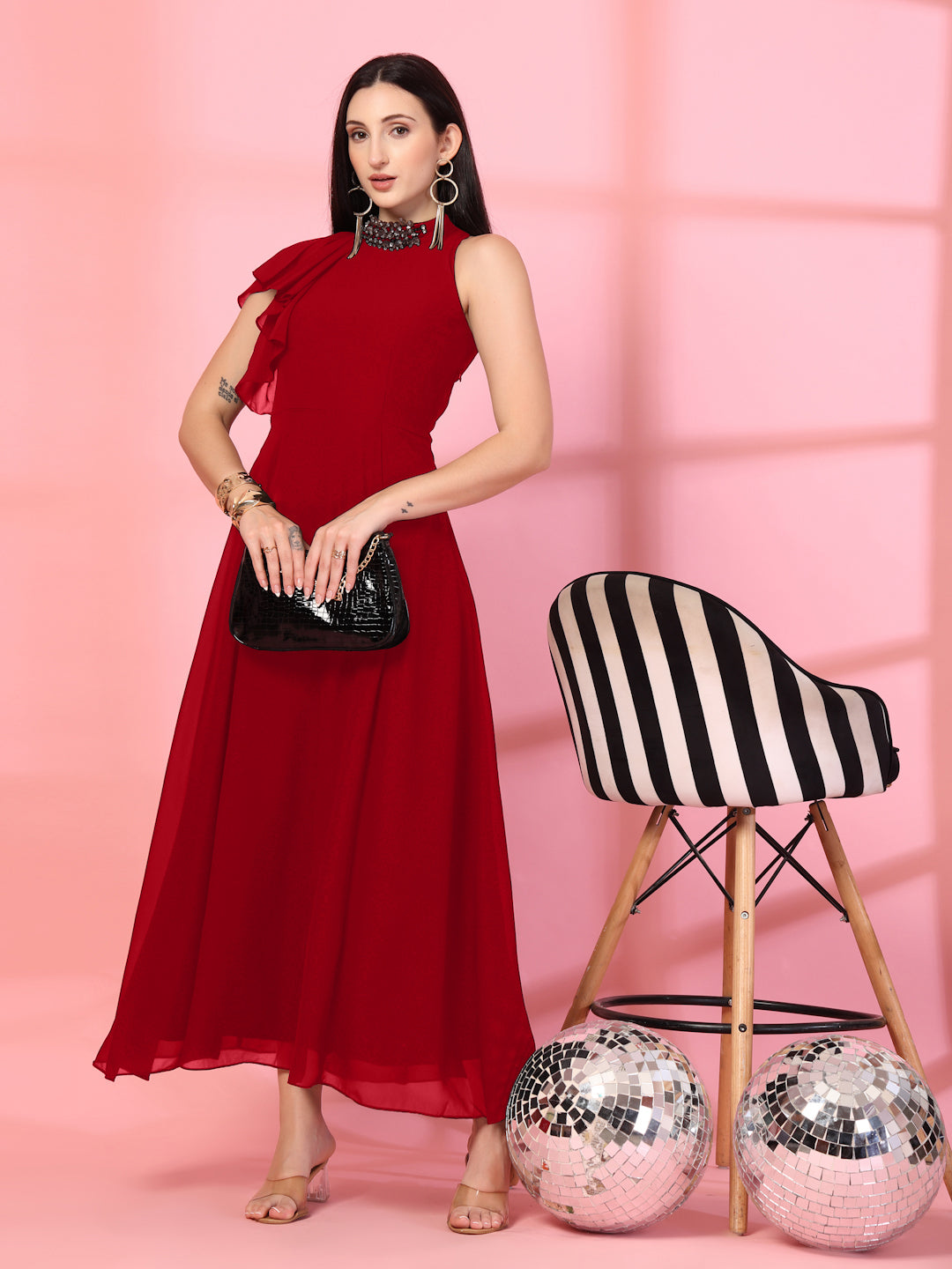 Solid Georgette Embellished Georgette Long Dress, Round Neck Sleeveless